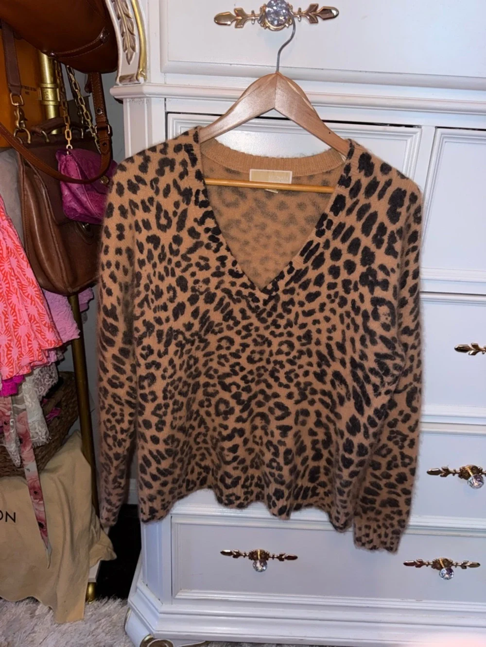 Michael Kors Leopard Print V-Neck Angora Rabbit Hair Sweater - Brown & Black